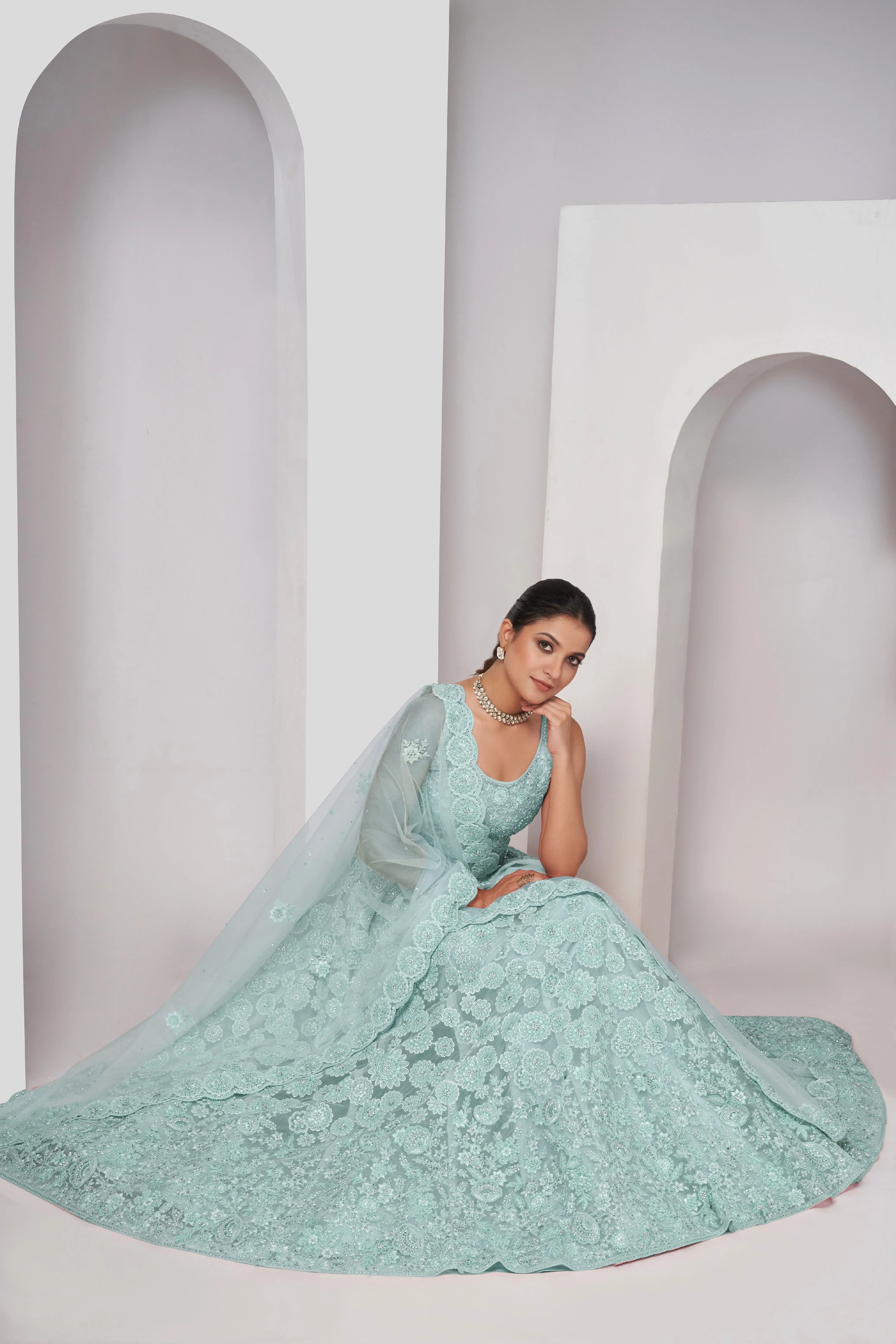 Elegant Sky Blue Floral Print Lehenga Ensemble