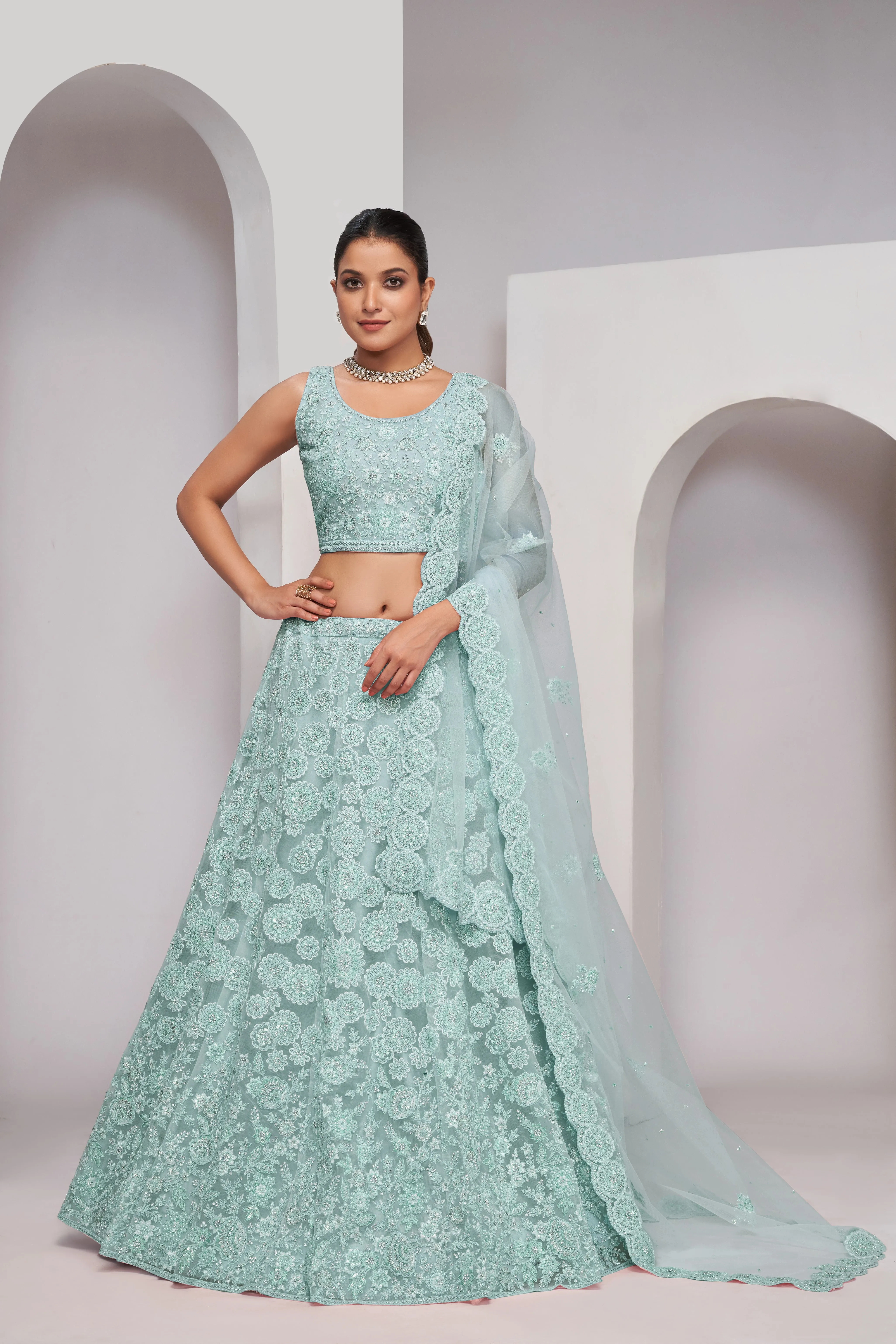 Elegant Sky Blue Floral Print Lehenga Ensemble