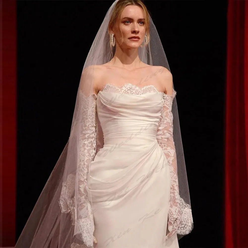 Elegant Women's Bridal Dresses Satin Pleated Mermaid Lace Long sleeved Princess Wedding Dress Formal Beach Party Vestidos