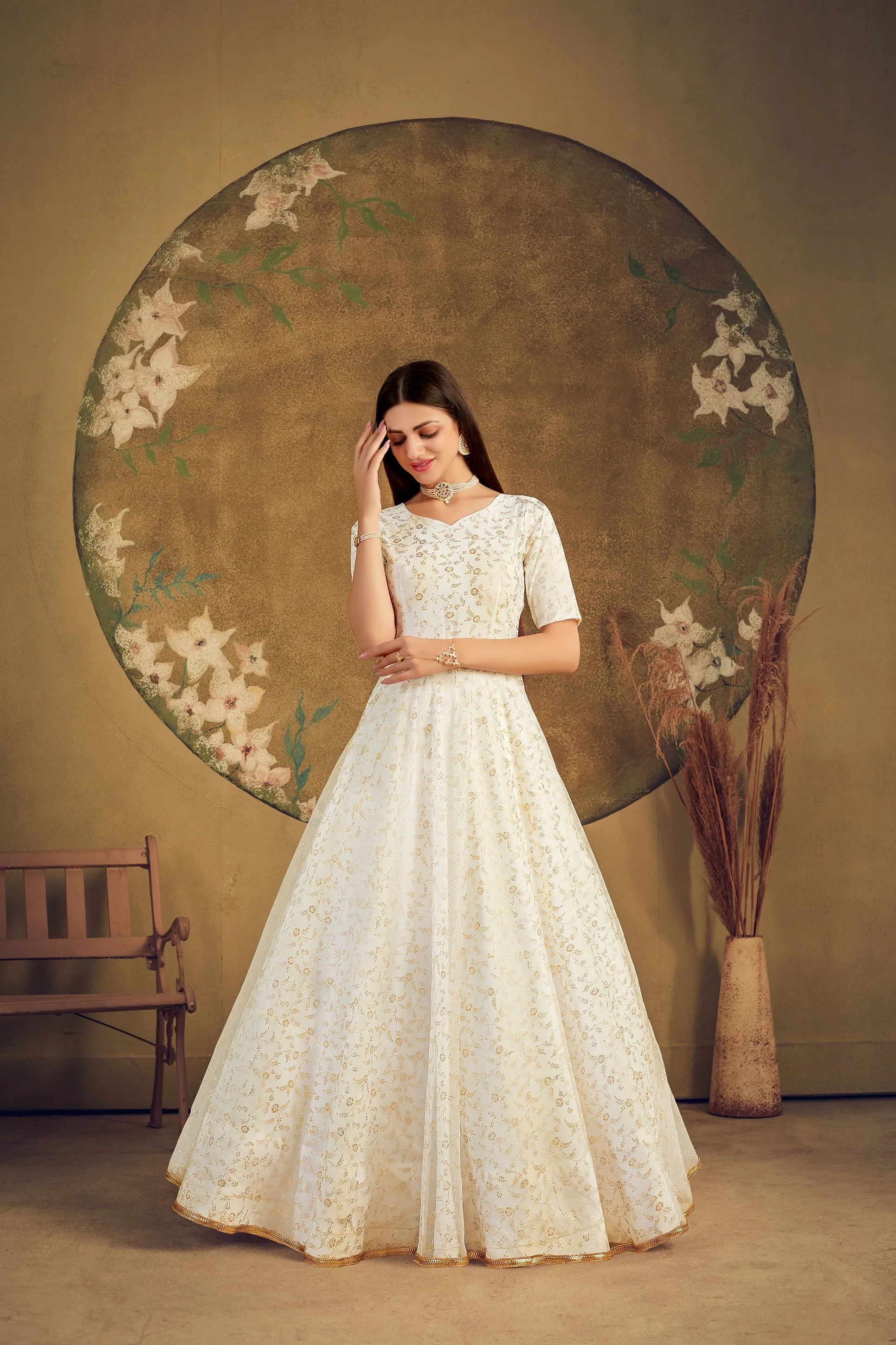Exclusive Designer Net Gown For Women Floral Bride Gown Indian Wedding Reception Gown Bridal Dress Indian Suit Floral Anarkali White Gown