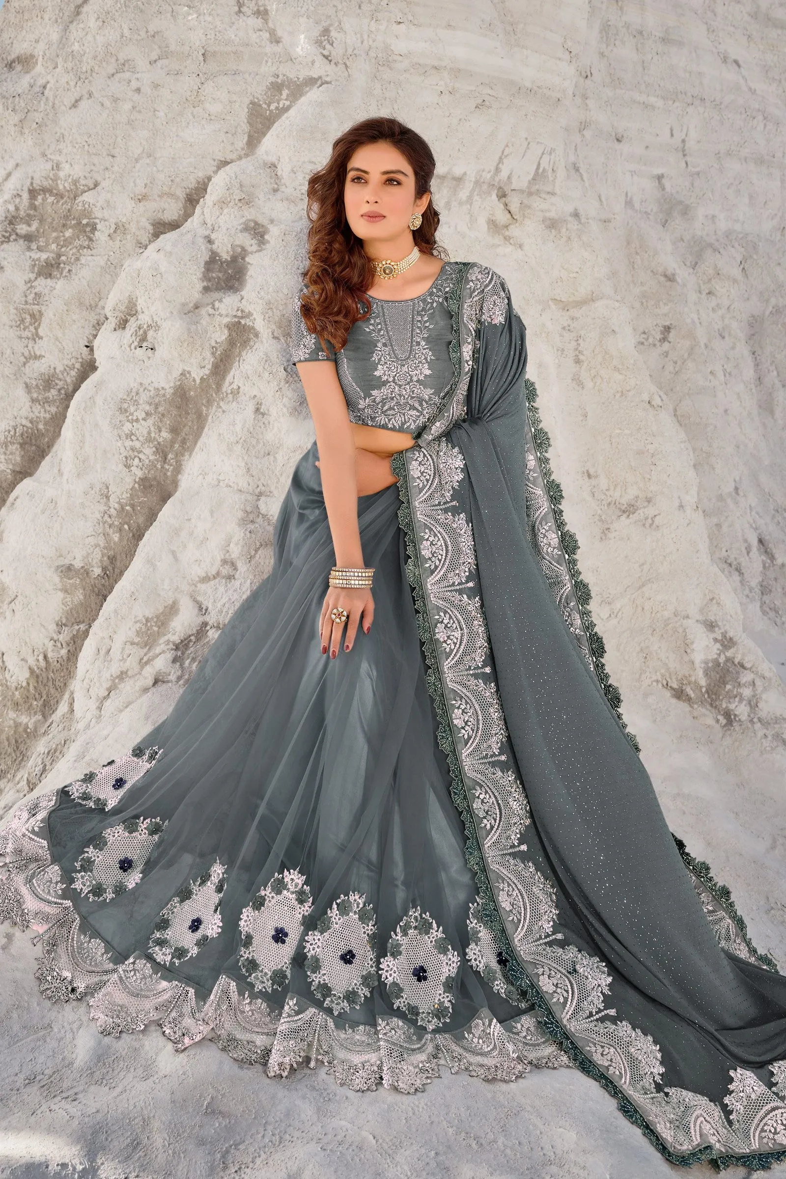 Fiord Grey Floral Embroidered Net Saree