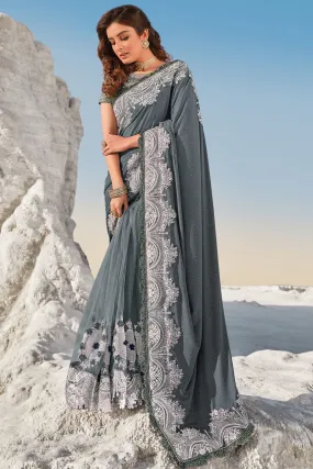Fiord Grey Floral Embroidered Net Saree