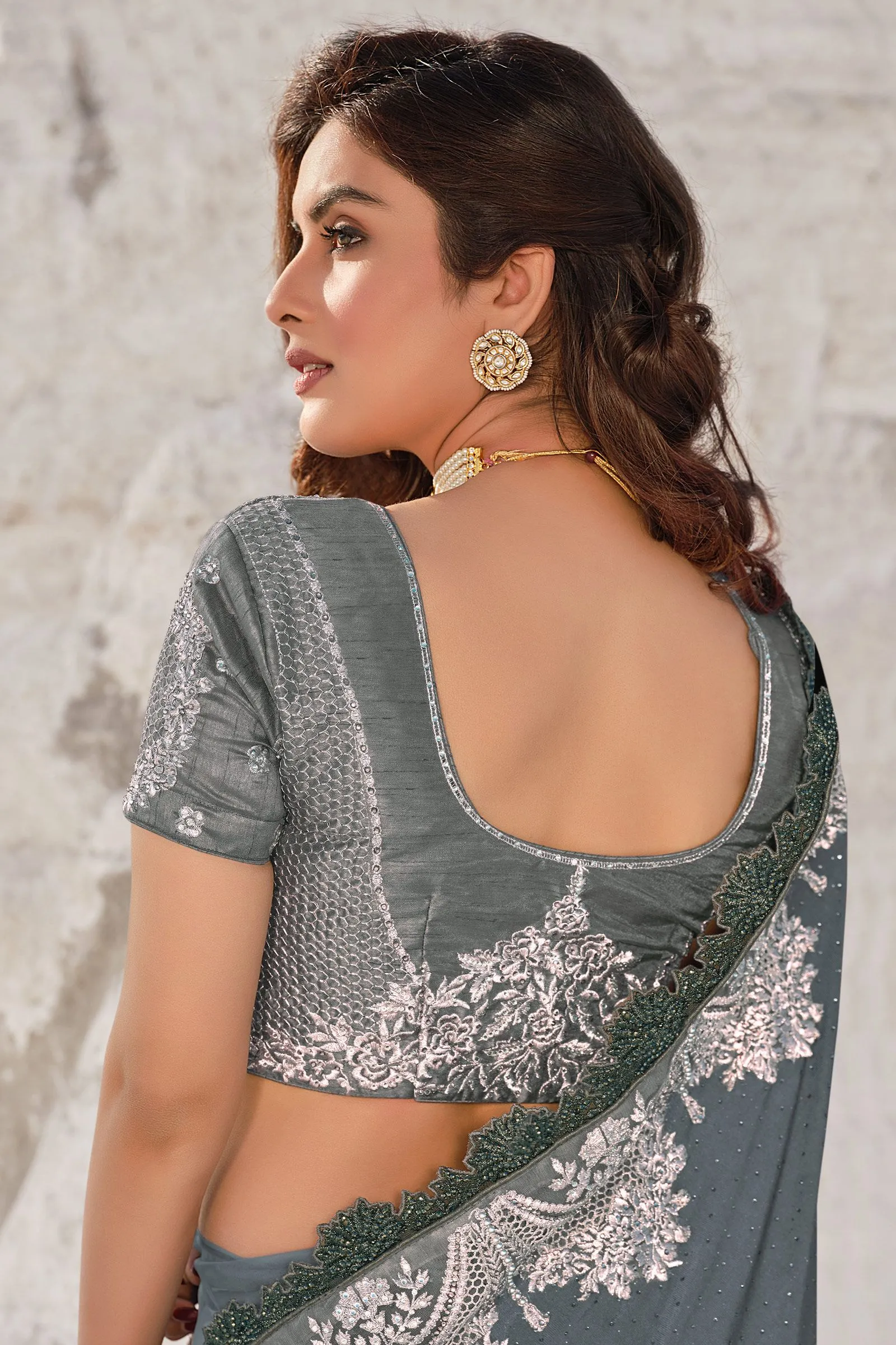 Fiord Grey Floral Embroidered Net Saree