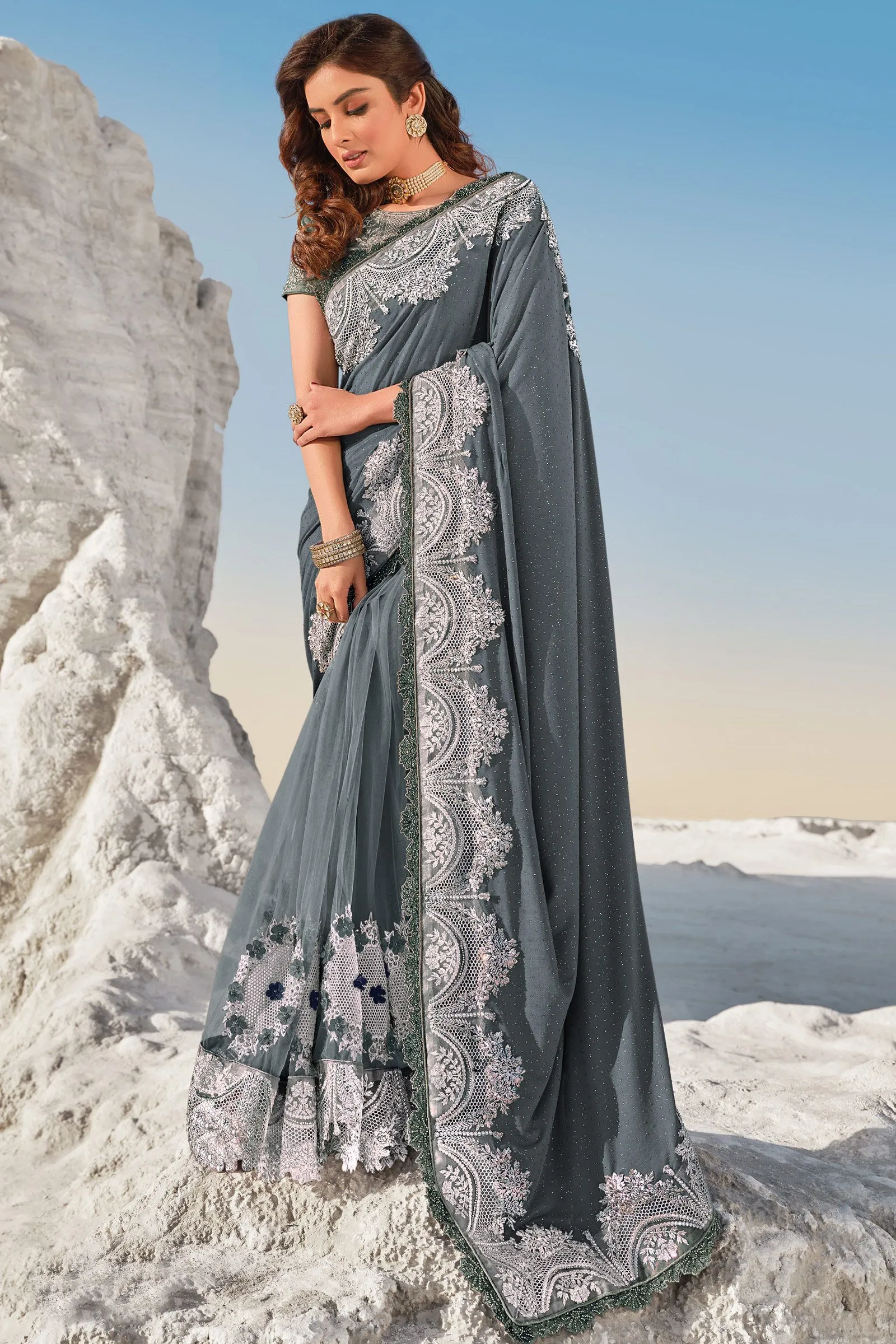 Fiord Grey Floral Embroidered Net Saree