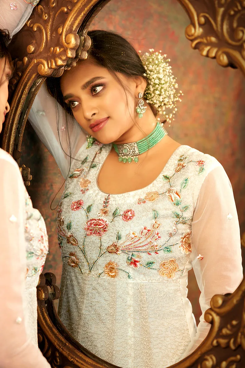 Floral Embroidered Cream Designer Wedding Anarkali Suit