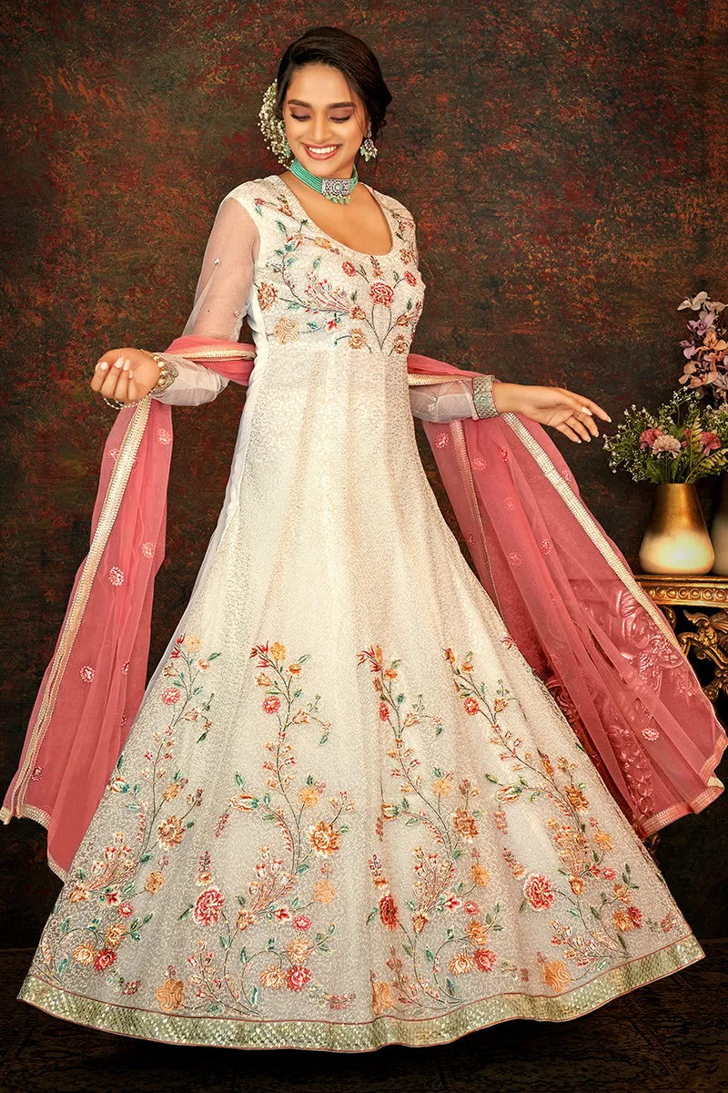 Floral Embroidered Cream Designer Wedding Anarkali Suit
