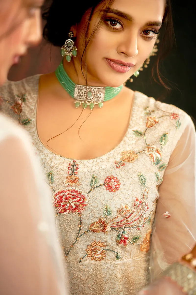 Floral Embroidered Cream Designer Wedding Anarkali Suit