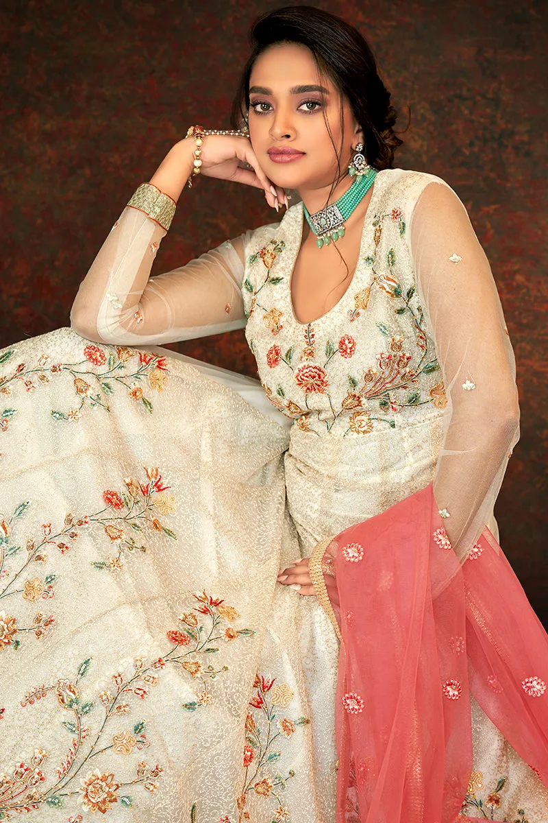 Floral Embroidered Cream Designer Wedding Anarkali Suit