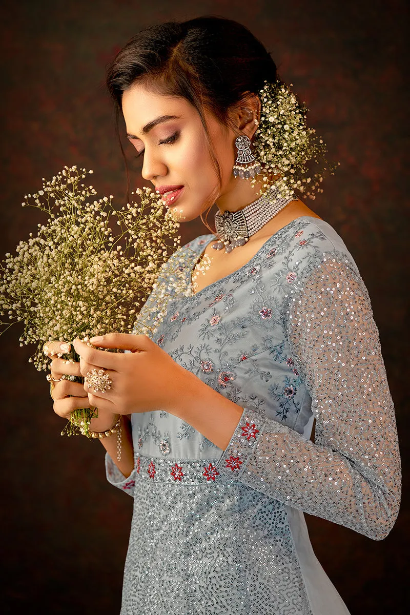 Floral Embroidered Grey Designer Wedding Anarkali Suit