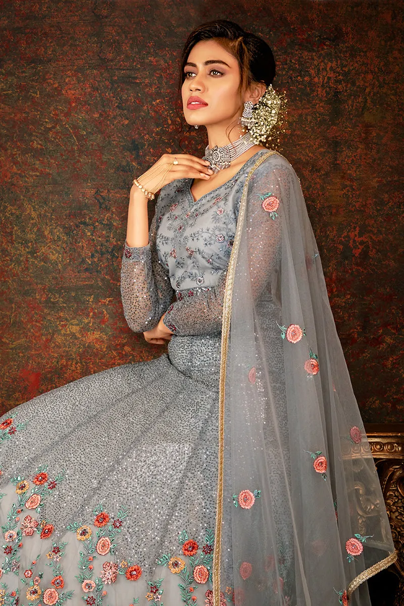 Floral Embroidered Grey Designer Wedding Anarkali Suit