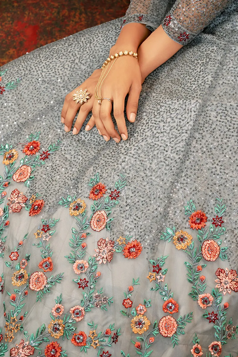 Floral Embroidered Grey Designer Wedding Anarkali Suit