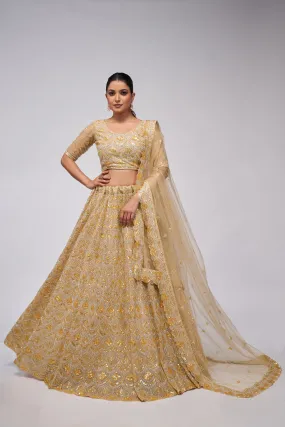 Golden Lehenga Set with Leaf Pattern & Sequin Embellishments