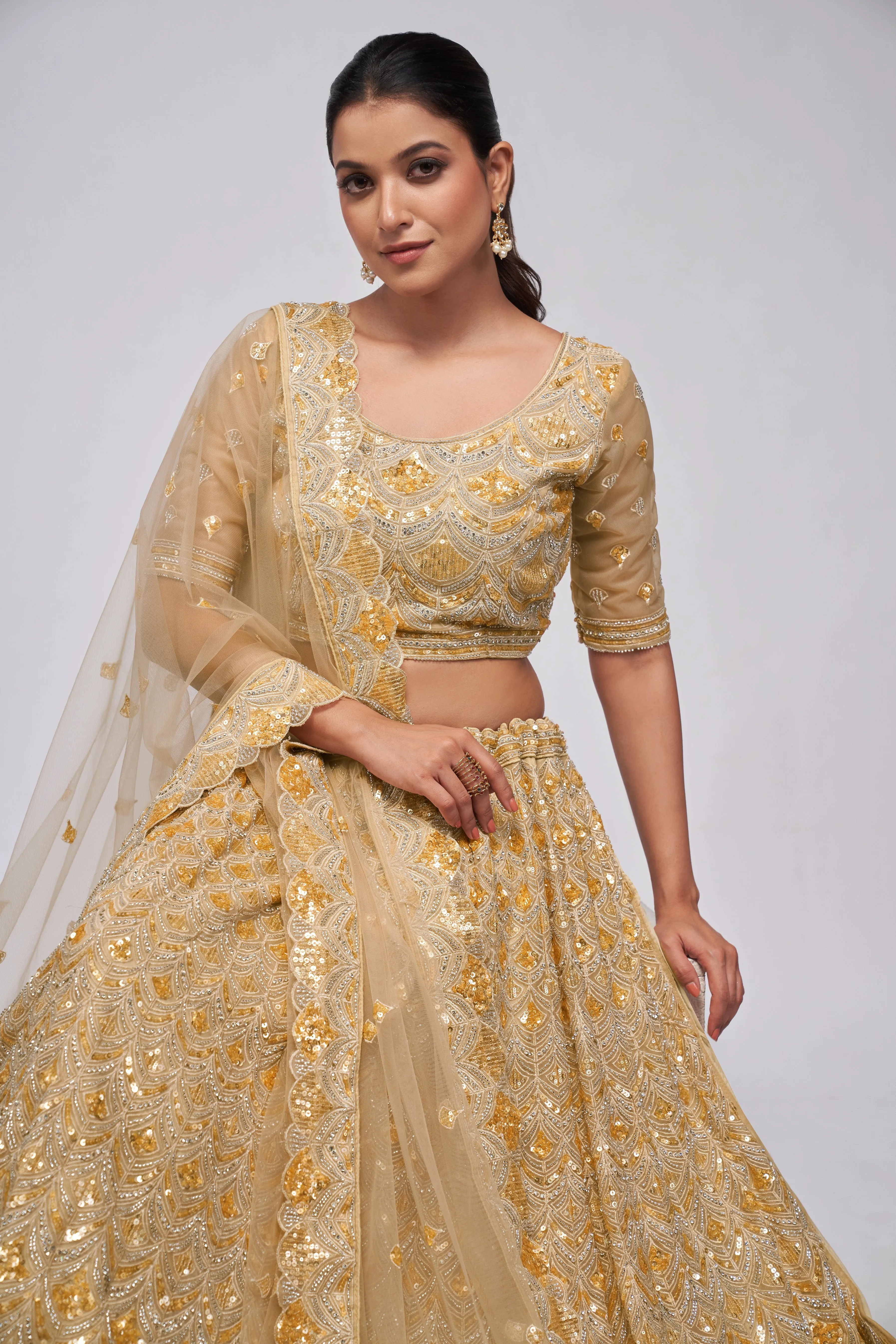 Golden Lehenga Set with Leaf Pattern & Sequin Embellishments