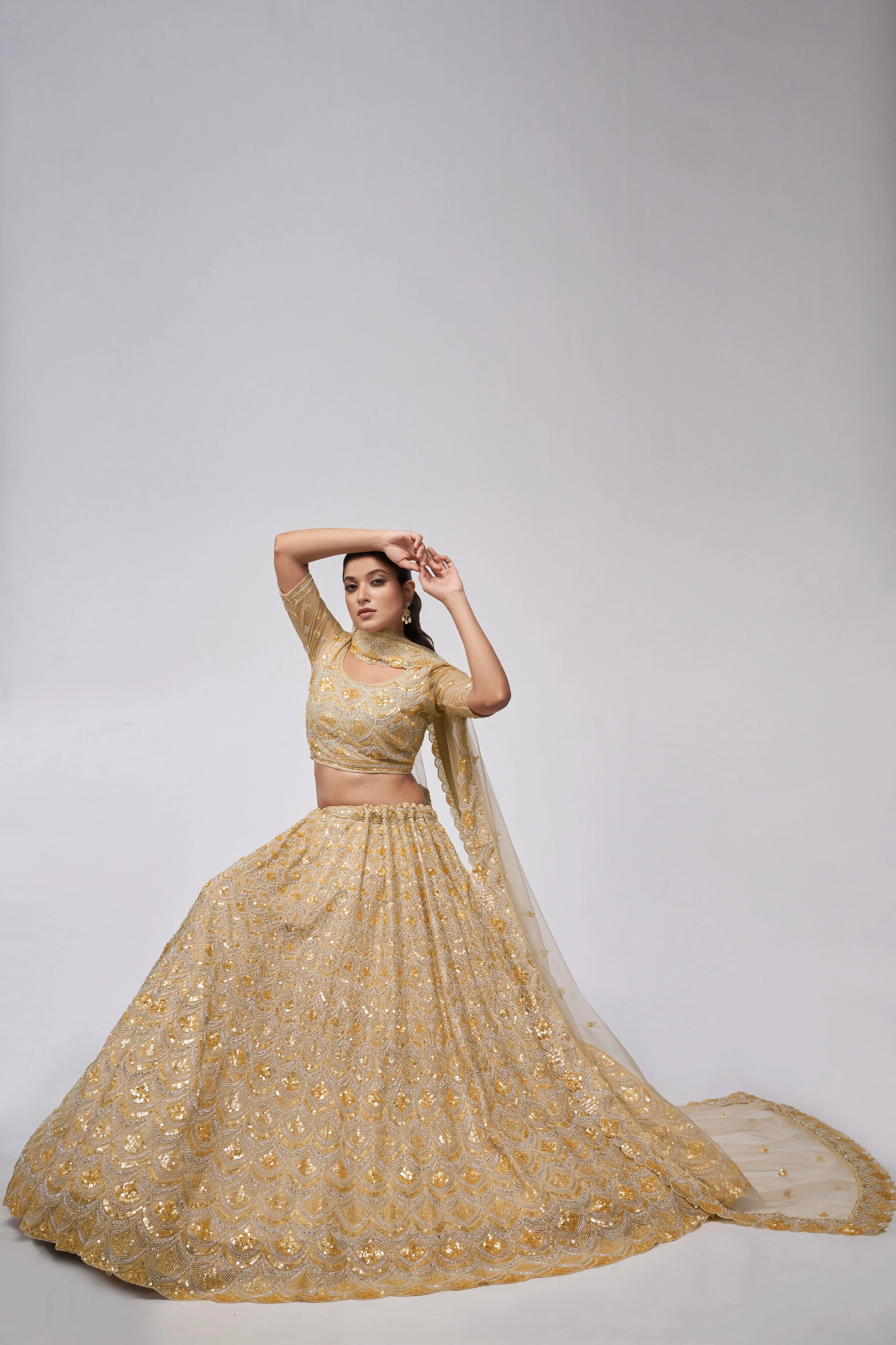 Golden Lehenga Set with Leaf Pattern & Sequin Embellishments
