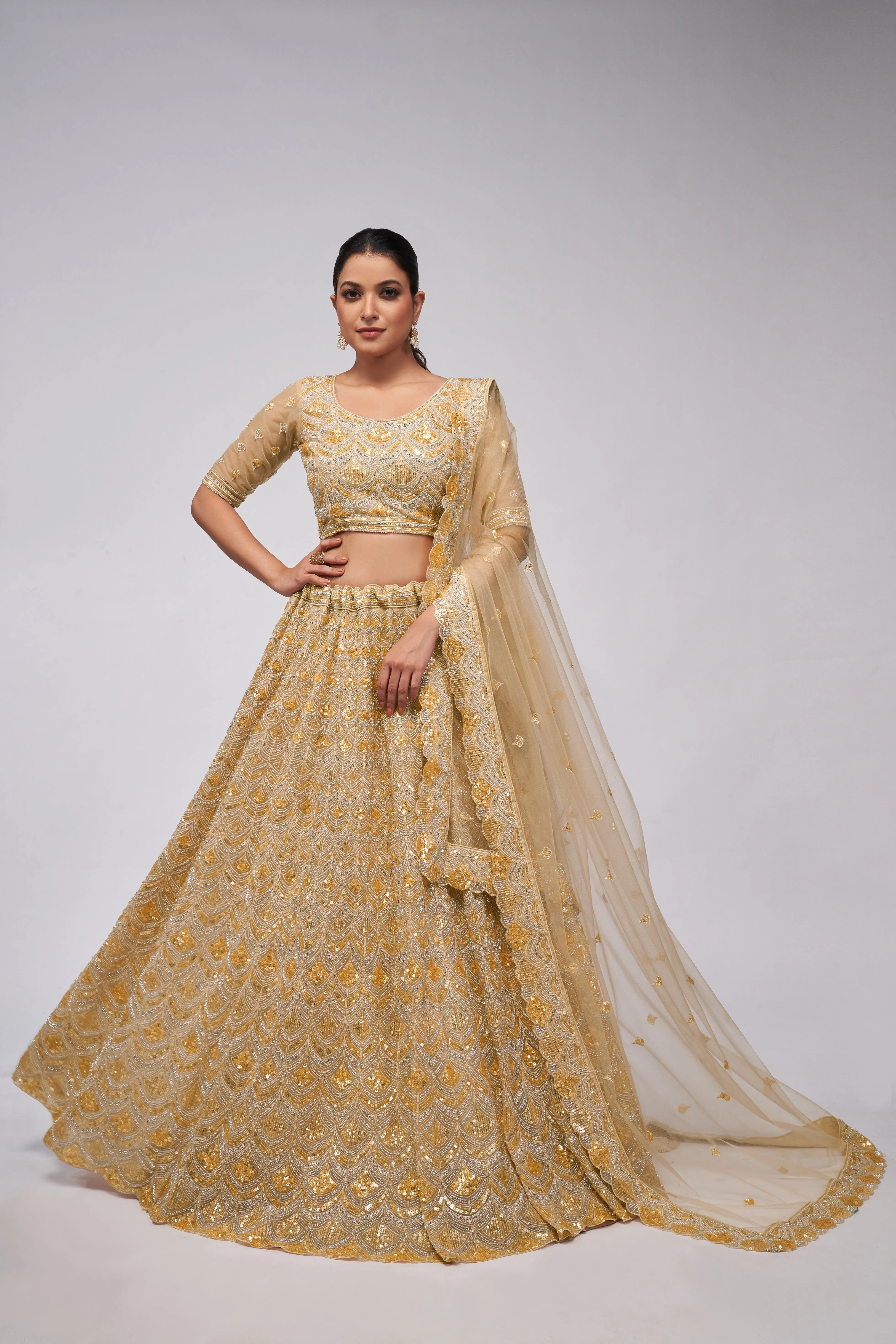 Golden Lehenga Set with Leaf Pattern & Sequin Embellishments