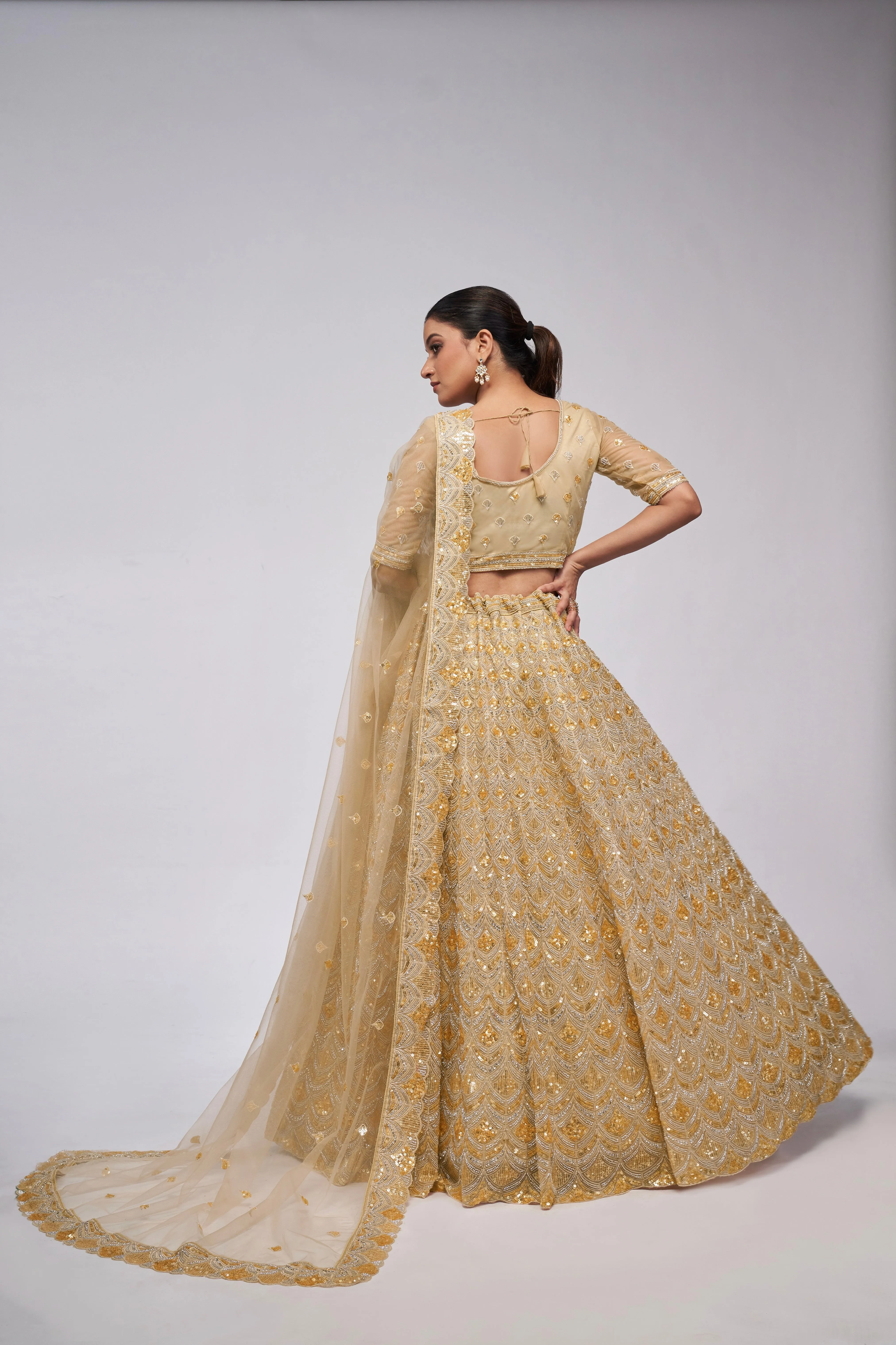 Golden Lehenga Set with Leaf Pattern & Sequin Embellishments