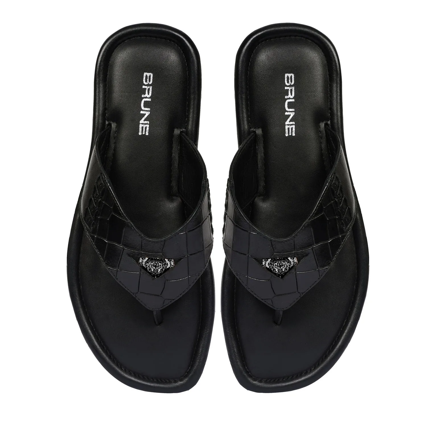 Gunmetal Replaceable Lion Penny Slipper in Black Leather