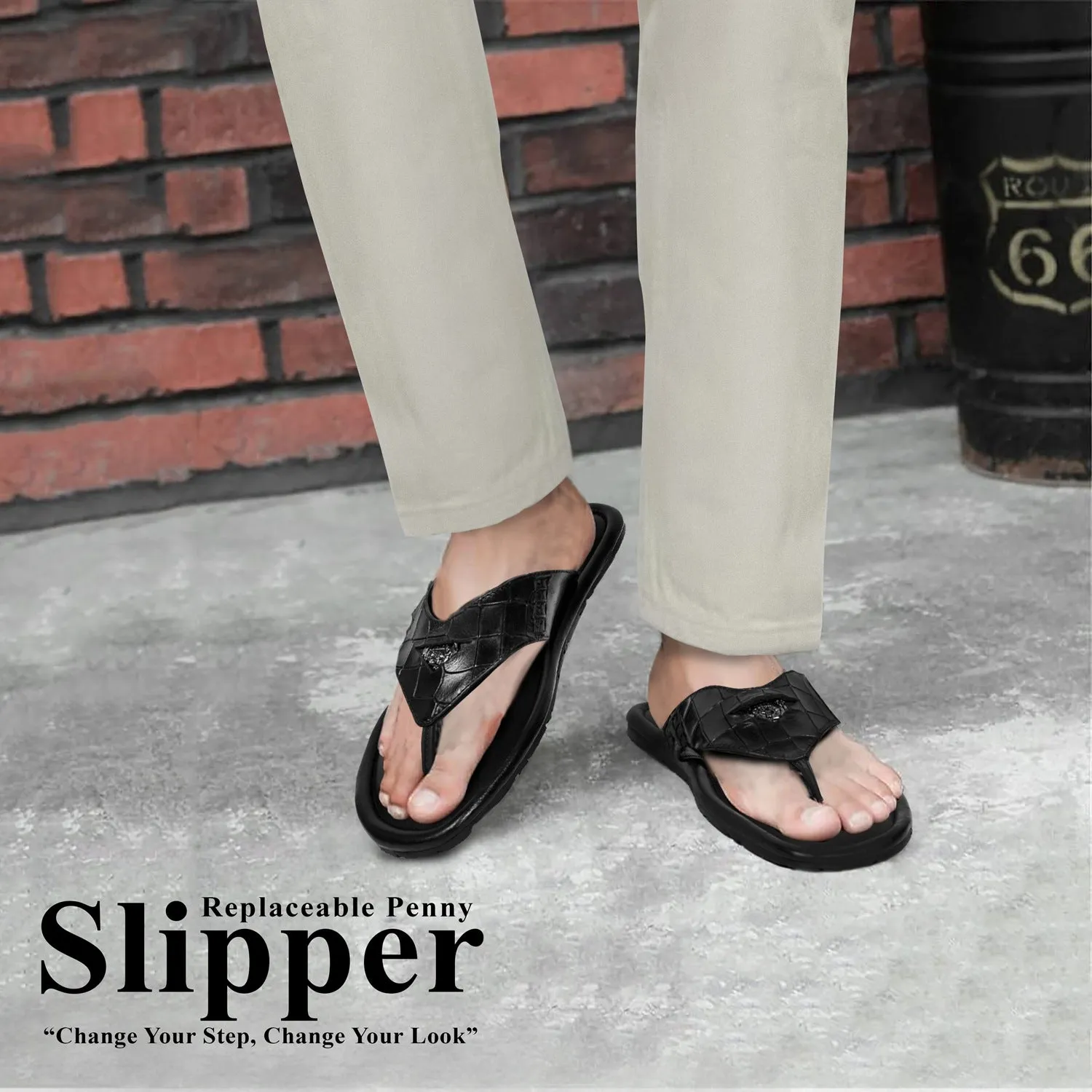Gunmetal Replaceable Lion Penny Slipper in Black Leather