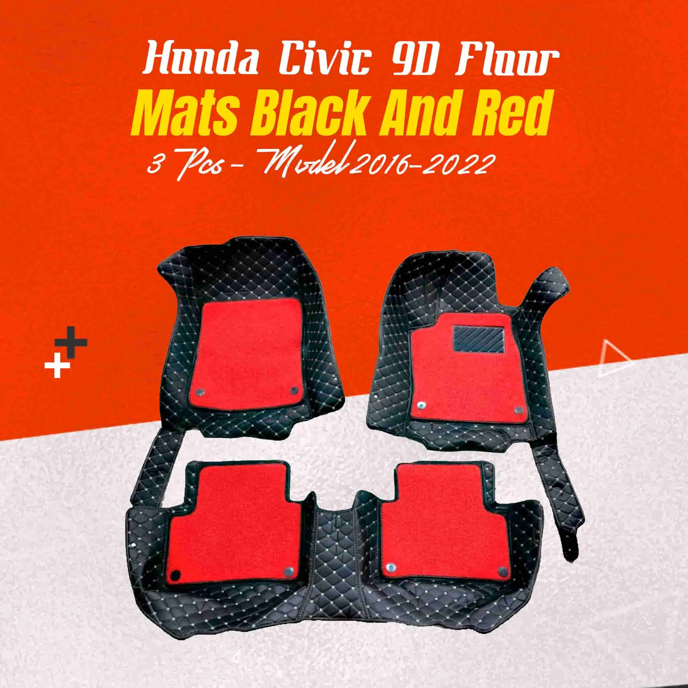 Honda Civic 9D Floor Mats Mix Thread Black and Red 3 Pcs - Model 2016-2022