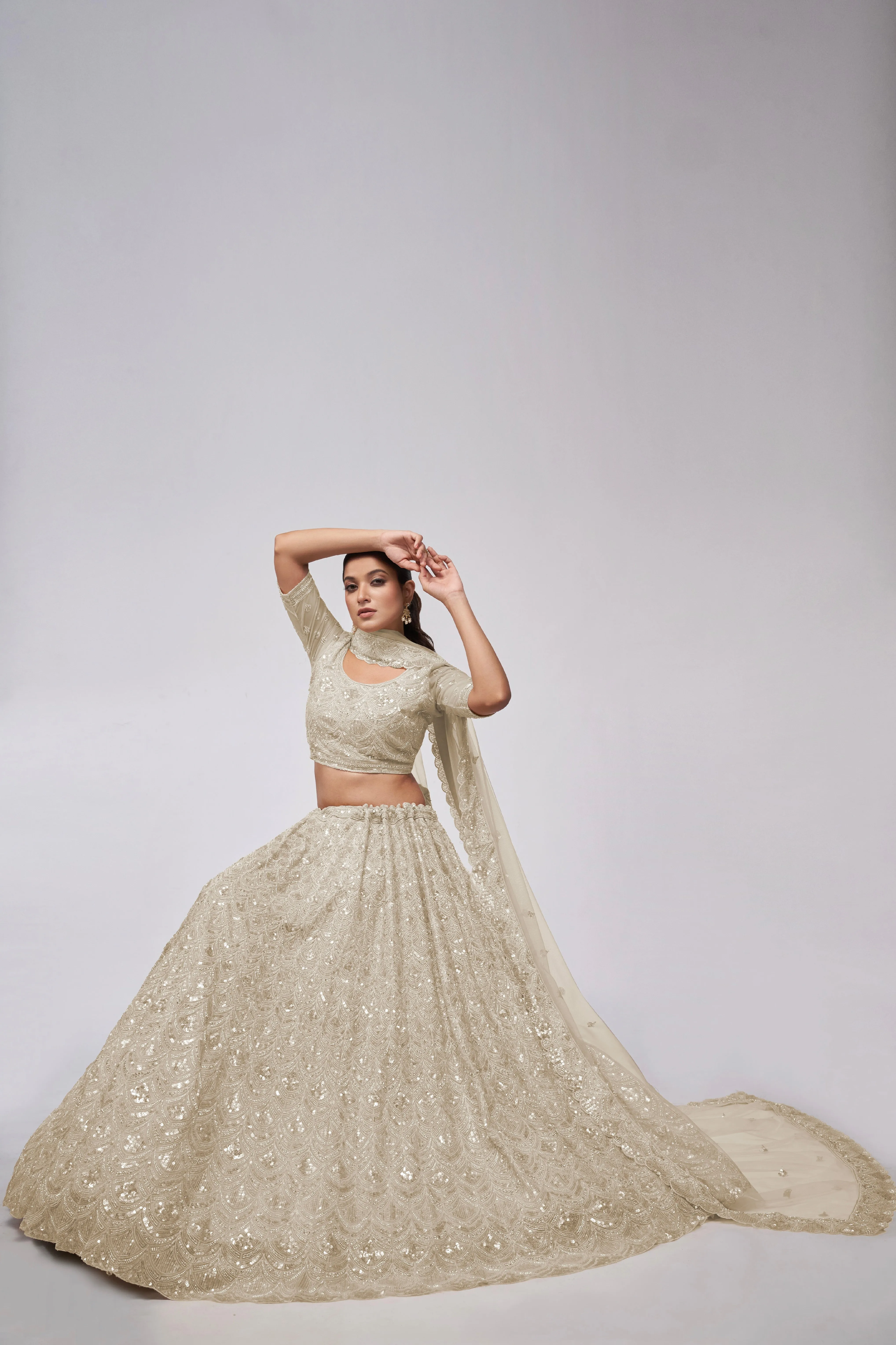 Ivory Lehenga Set with Sequin & Stone Embellishments