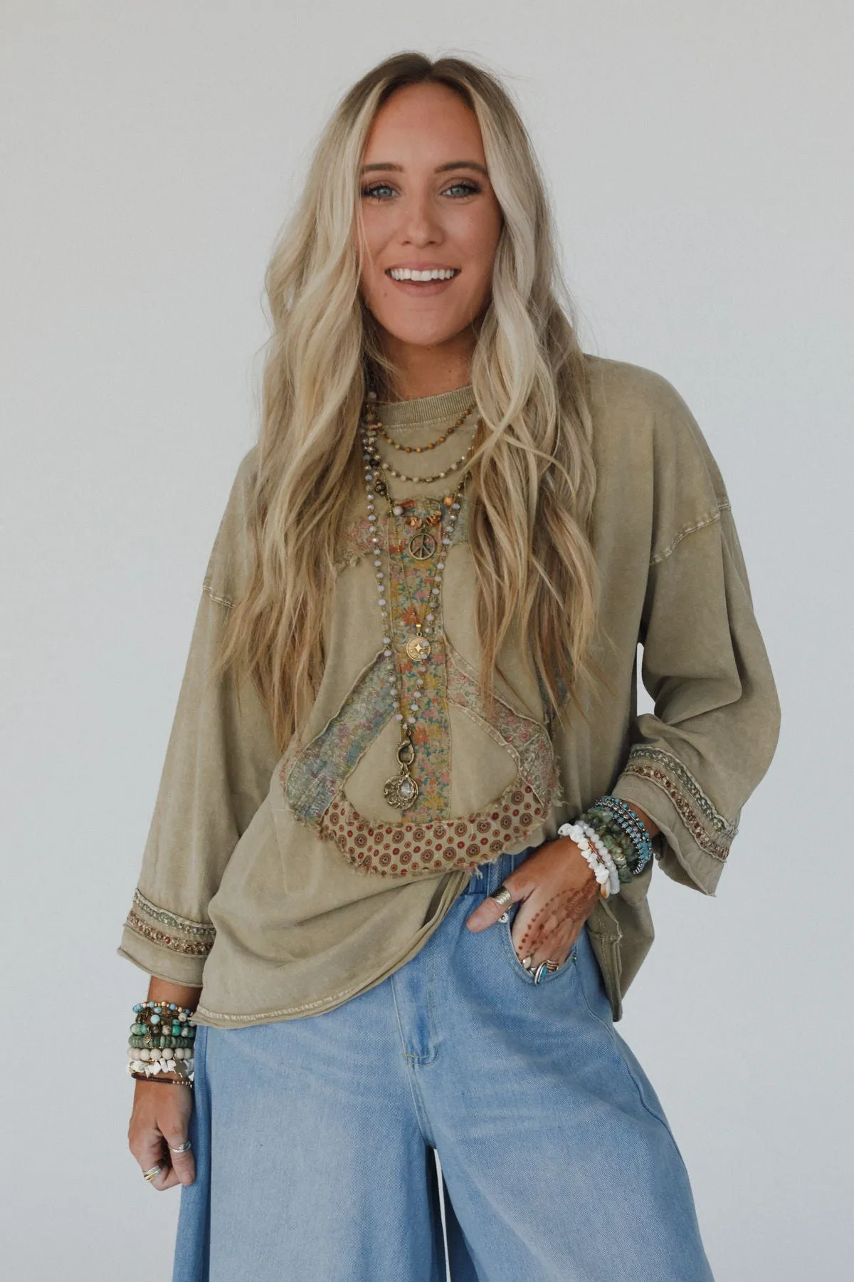Josephine Peace Patchwork Top - Olive