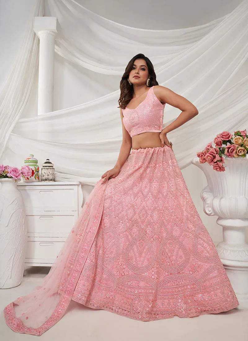 Light Pink Sequence Embroidery Wedding Style Lehenga