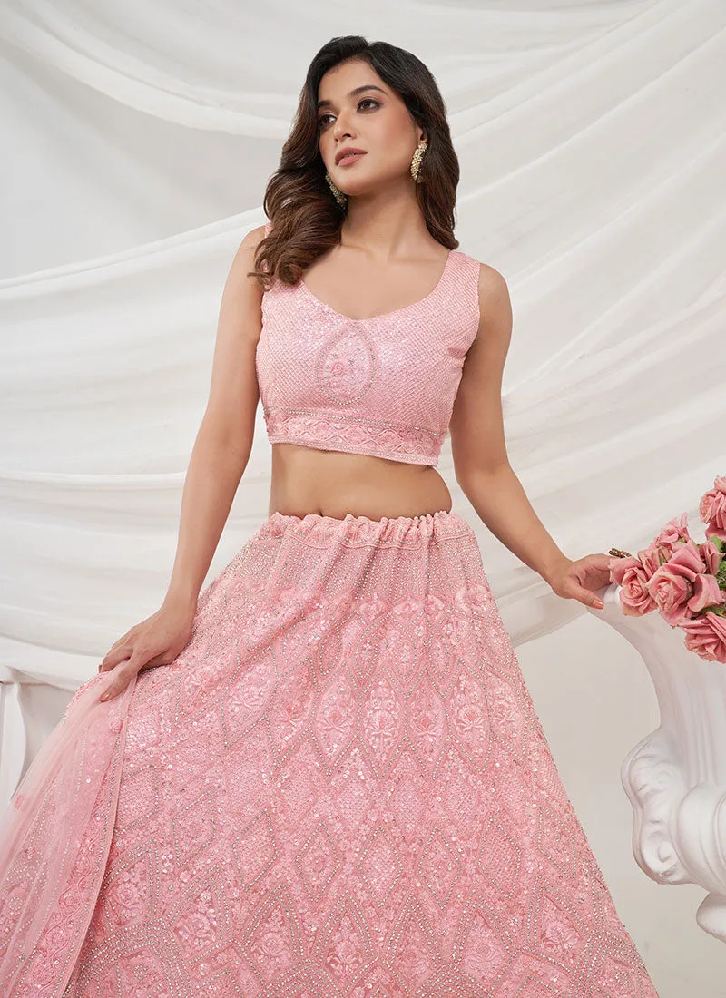 Light Pink Sequence Embroidery Wedding Style Lehenga