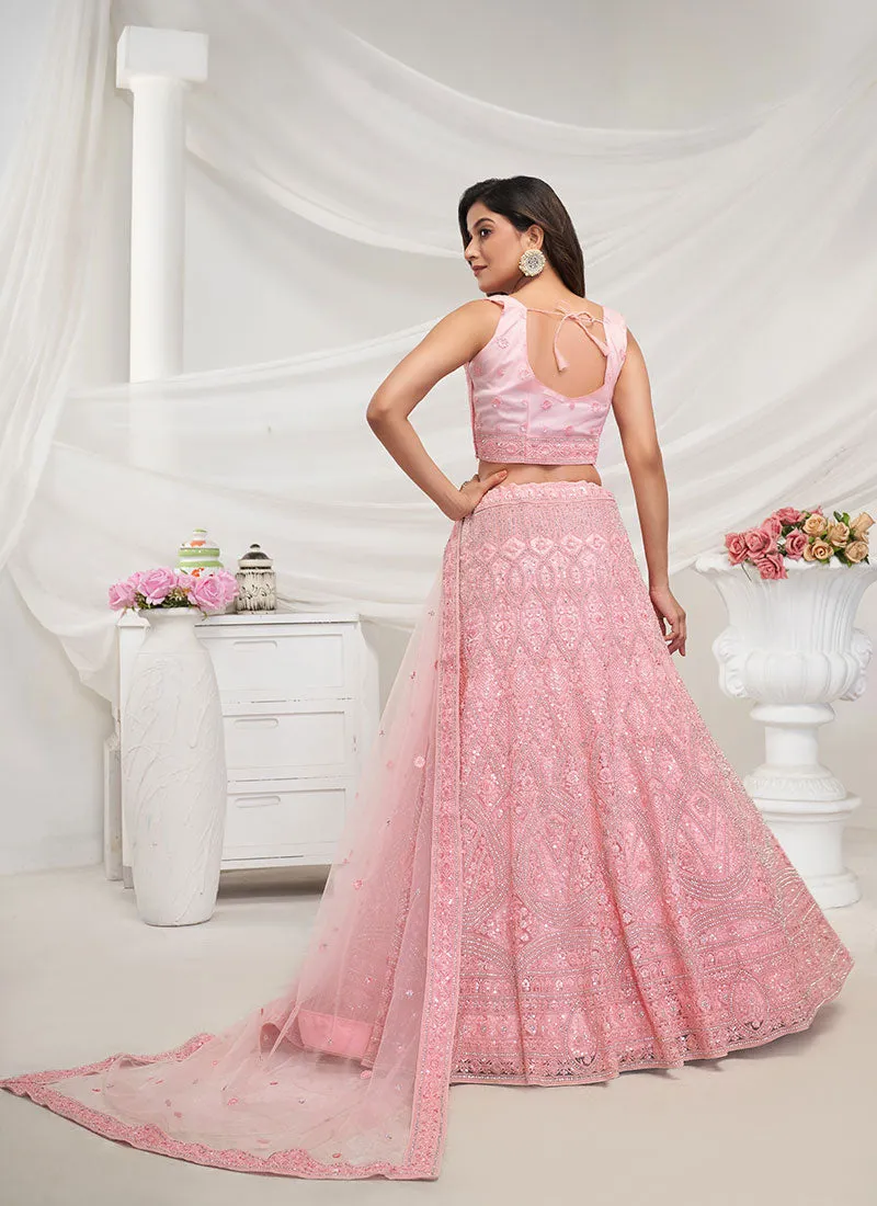 Light Pink Sequence Embroidery Wedding Style Lehenga