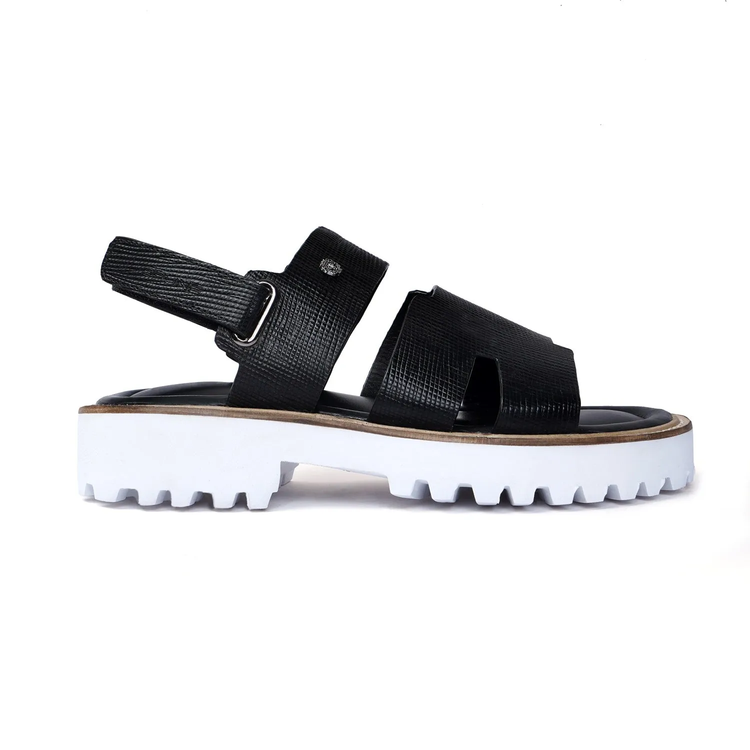 Light Weight Chunky Sole Sandal in Saffiano Black Leather