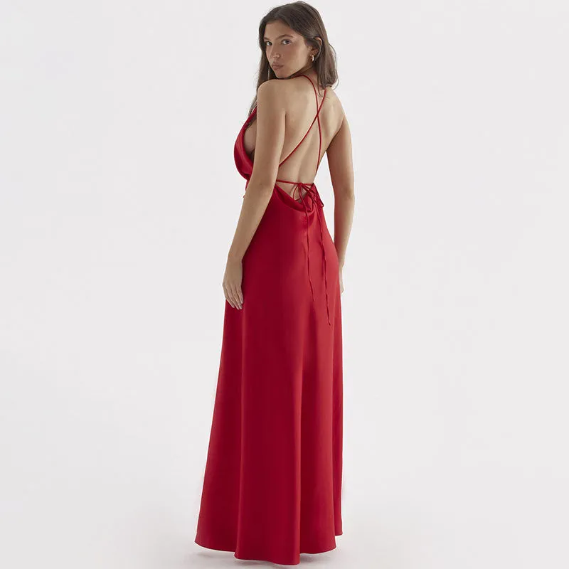 Lustrous Satin Halter Neck High Slit Self Tie Backless Maxi Dress - Red