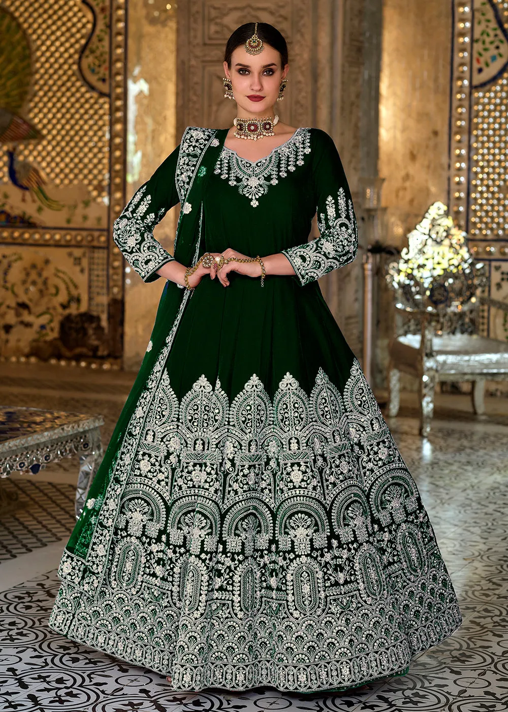 Magnificent Green Sequins Embroidered Trendy Velvet Anarkali