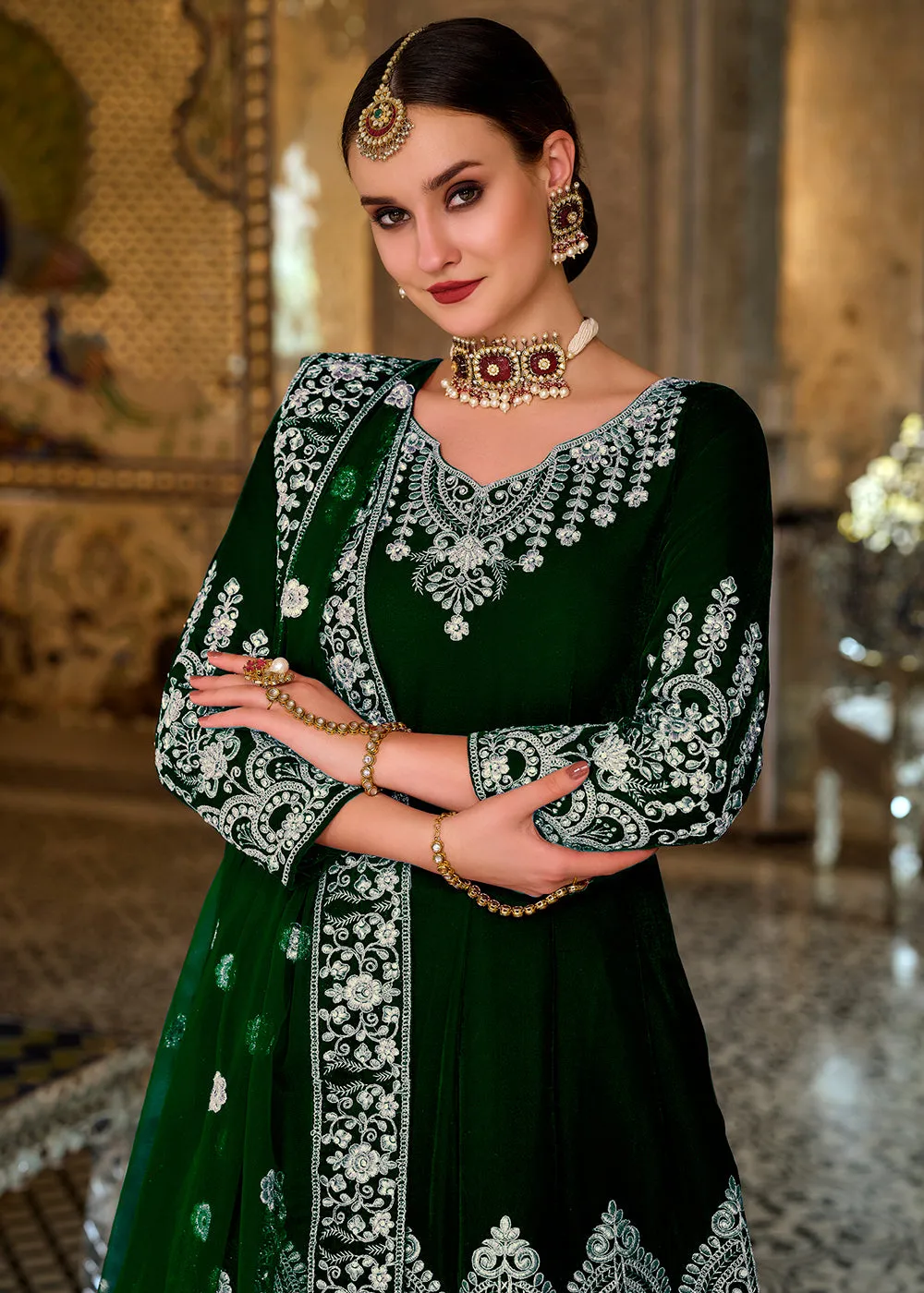 Magnificent Green Sequins Embroidered Trendy Velvet Anarkali