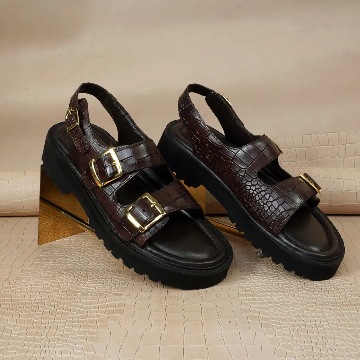Men's chunky sole sandals in Dark Brown Deep Cut Leather