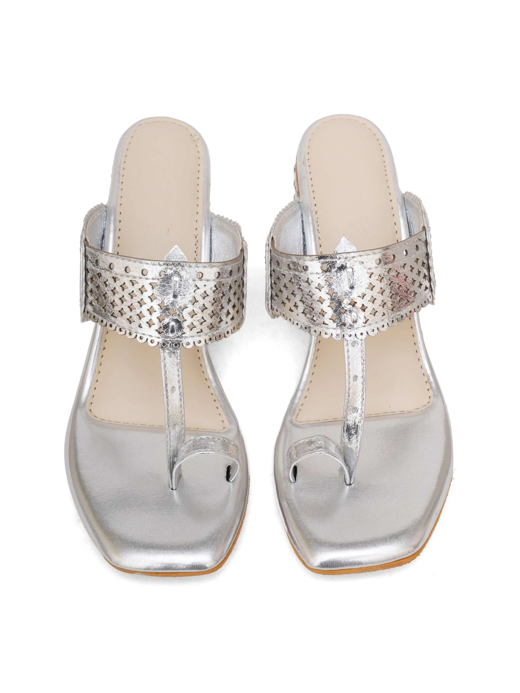 Metallic Silver Nazakat Heels In Faux Leather