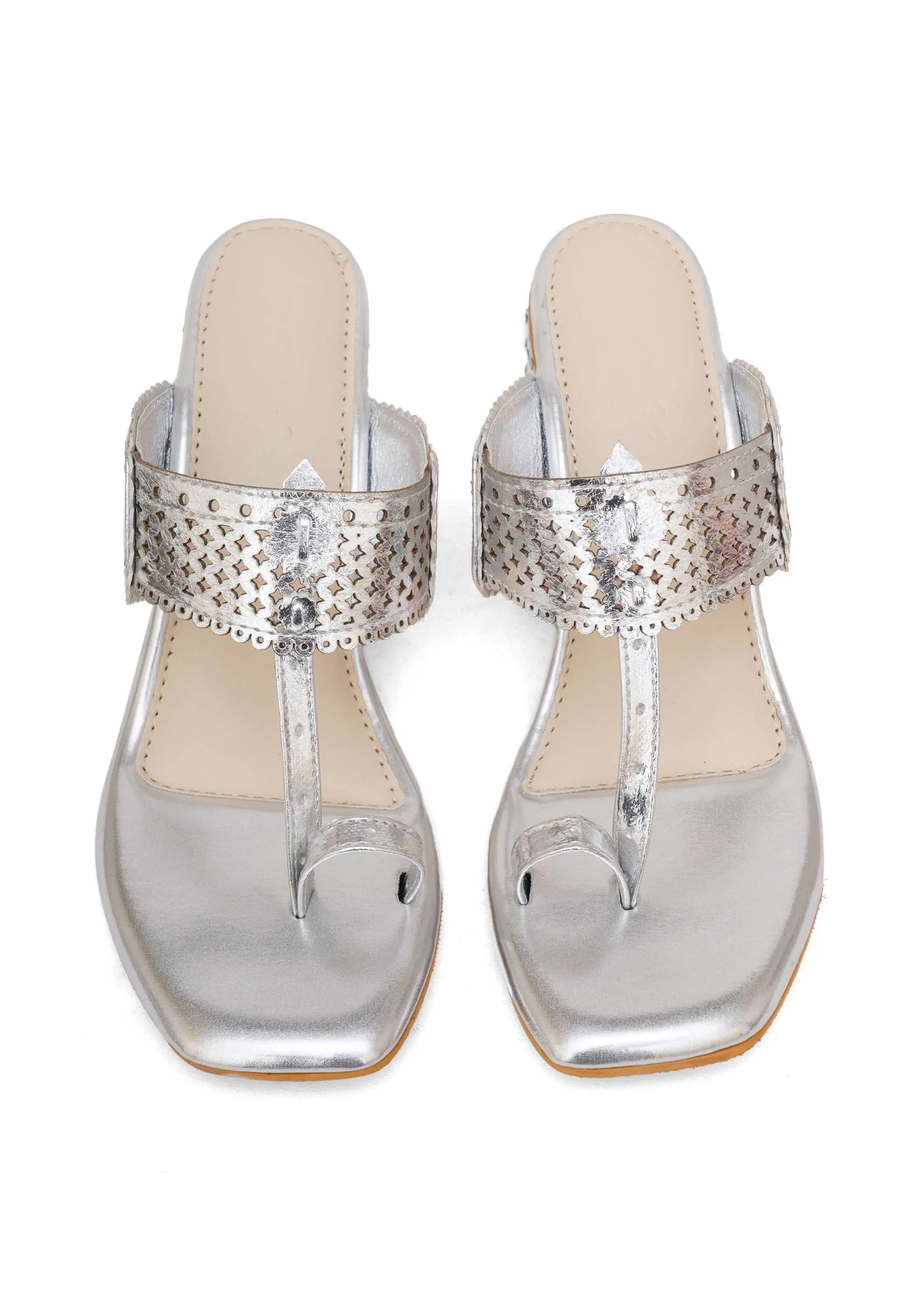 Metallic Silver Nazakat Heels In Faux Leather