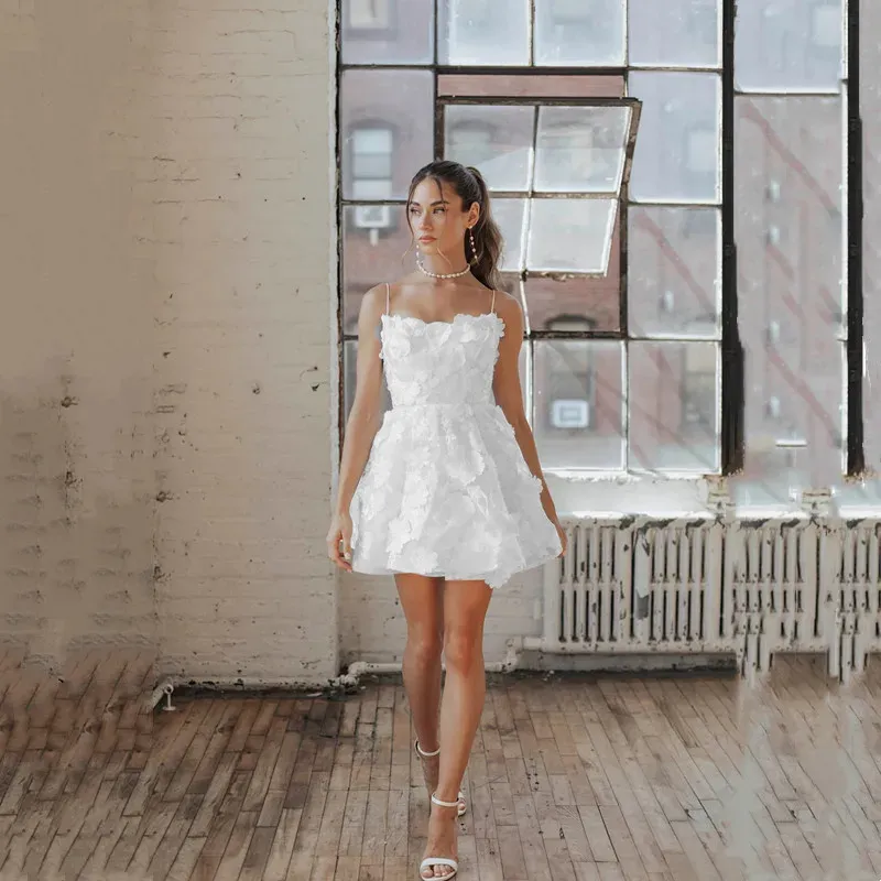 Modern Satin Short Wedding Dress Strapless Spaghetti Strap Mini Gown