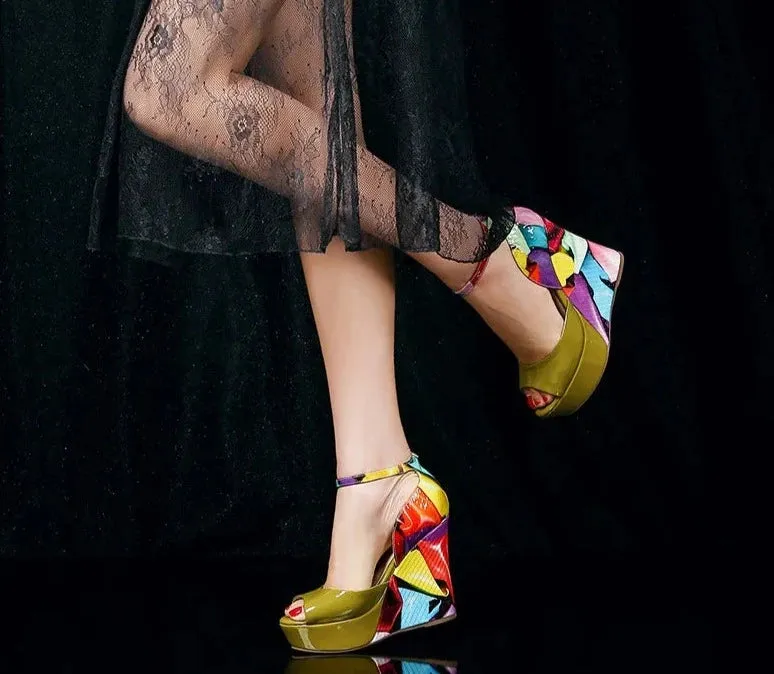 Multicolor Ankle Strap Wedge Sandals