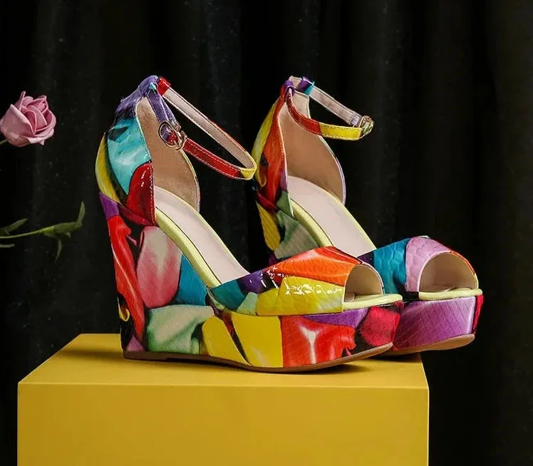 Multicolor Ankle Strap Wedge Sandals