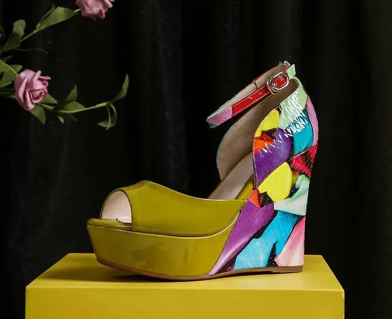 Multicolor Ankle Strap Wedge Sandals