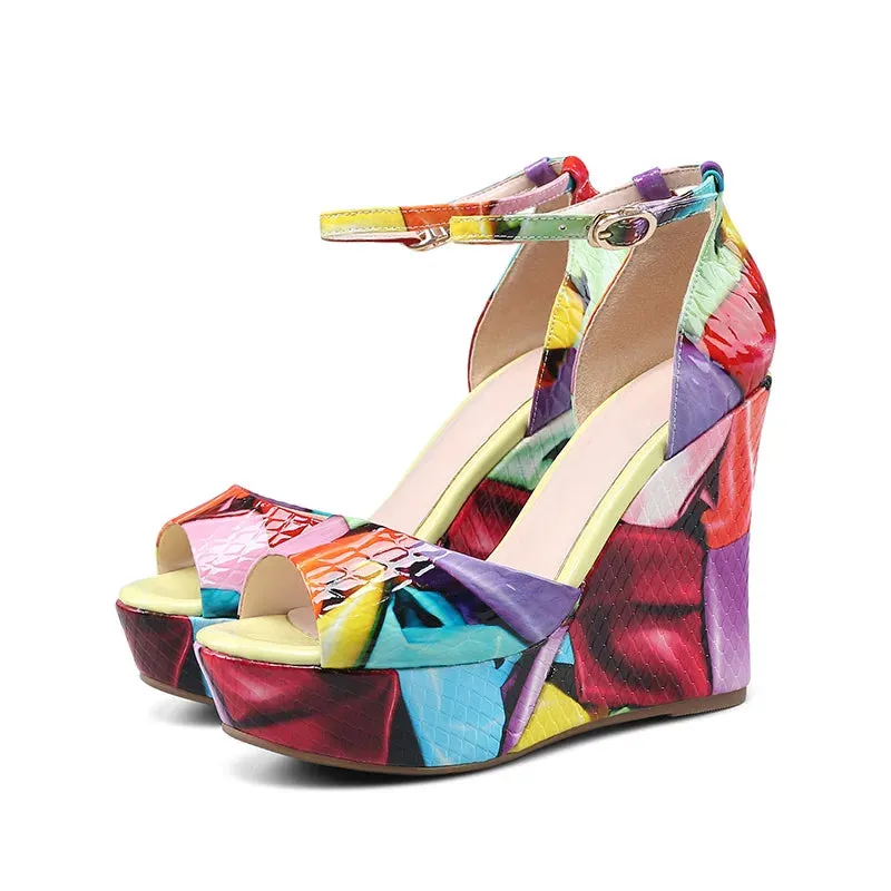 Multicolor Ankle Strap Wedge Sandals