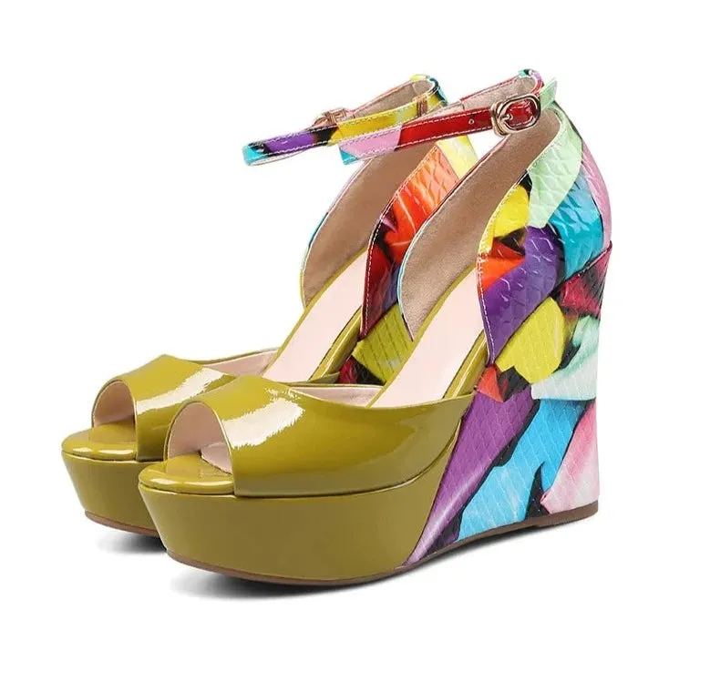 Multicolor Ankle Strap Wedge Sandals