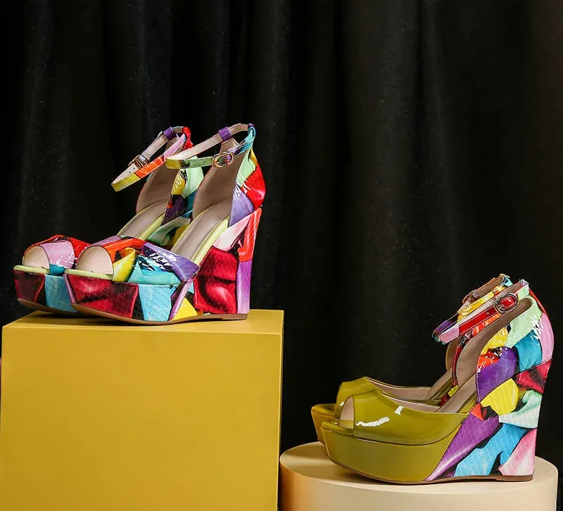Multicolor Ankle Strap Wedge Sandals