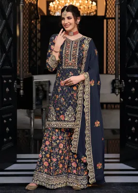 Navy Blue Chinon & Georgette Designer Palazzo Salwar Suit