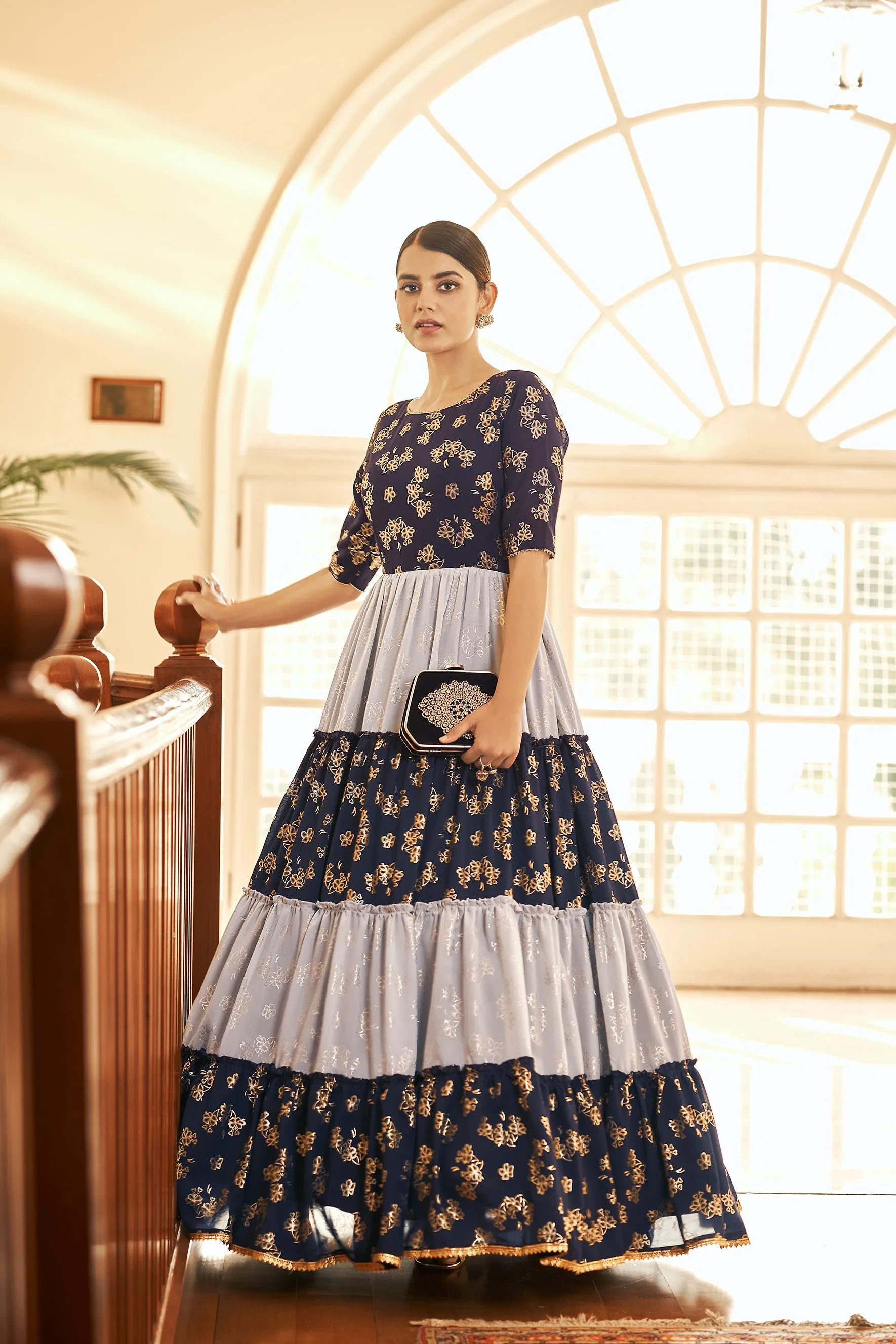 Navy Blue Semi Stitched Georgette Foil Print Long Gown