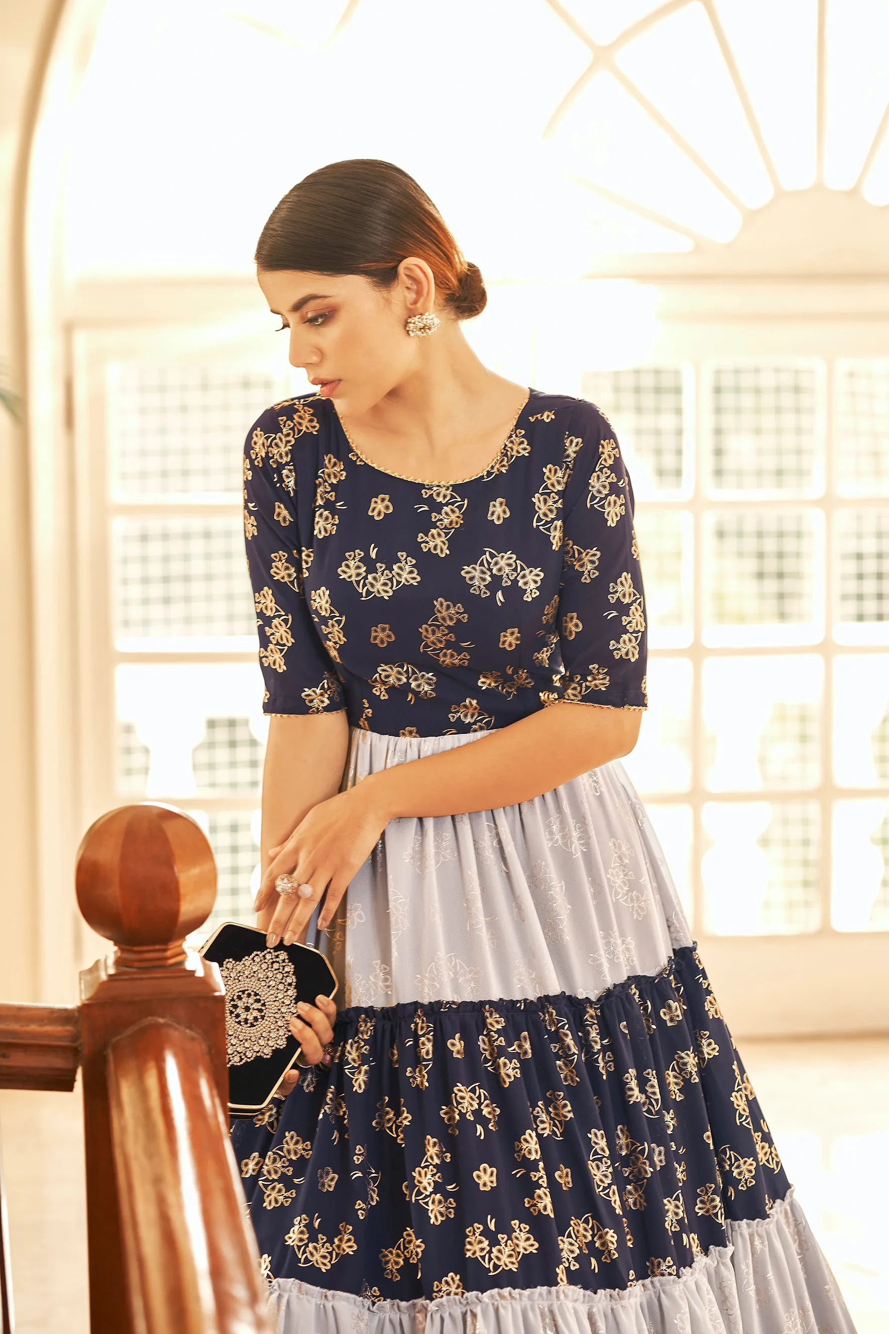 Navy Blue Semi Stitched Georgette Foil Print Long Gown