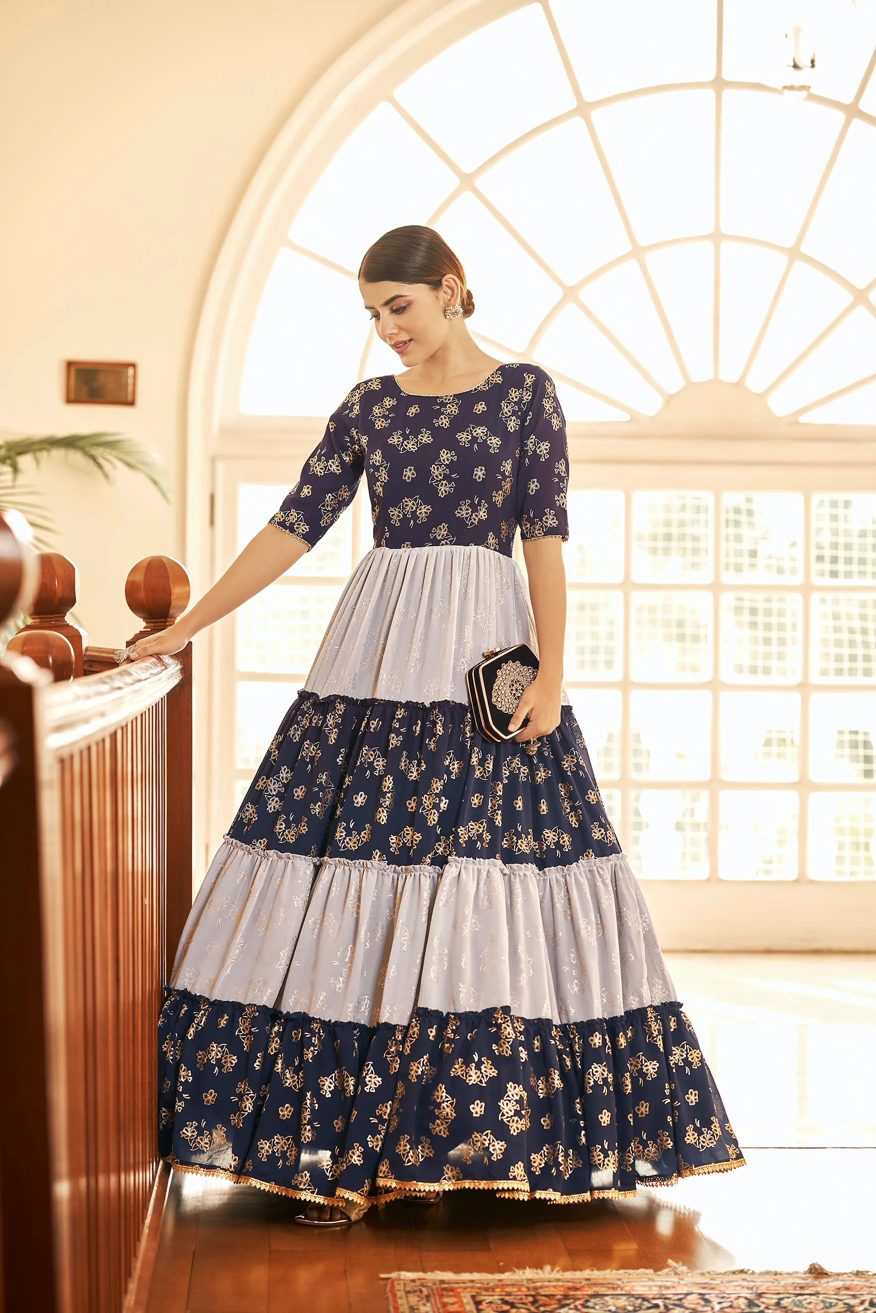 Navy Blue Semi Stitched Georgette Foil Print Long Gown