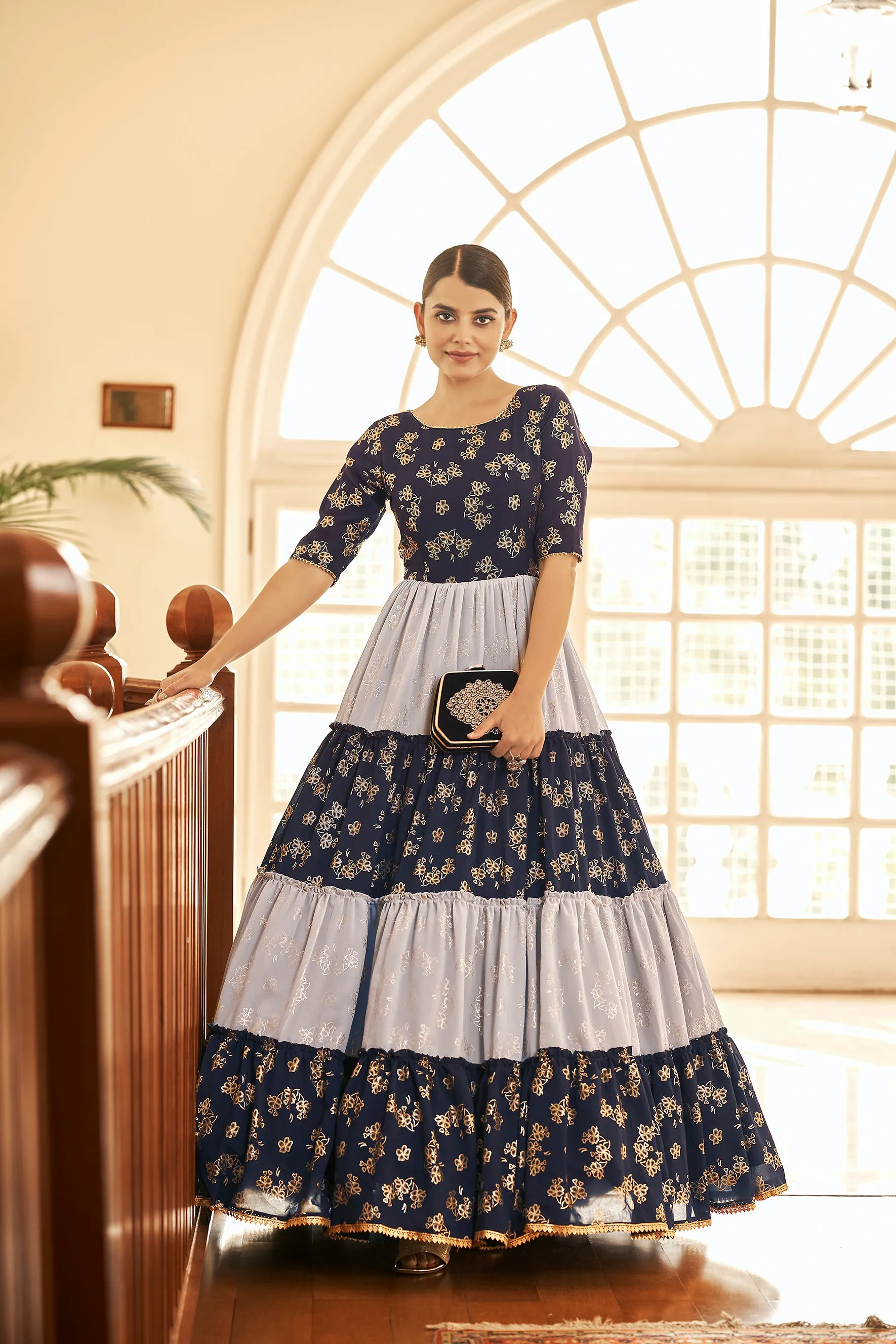 Navy Blue Semi Stitched Georgette Foil Print Long Gown