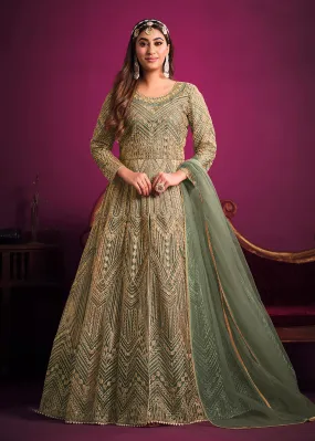 Net Elegant Green Floor Length Sangeet Wear Anarkali Suit