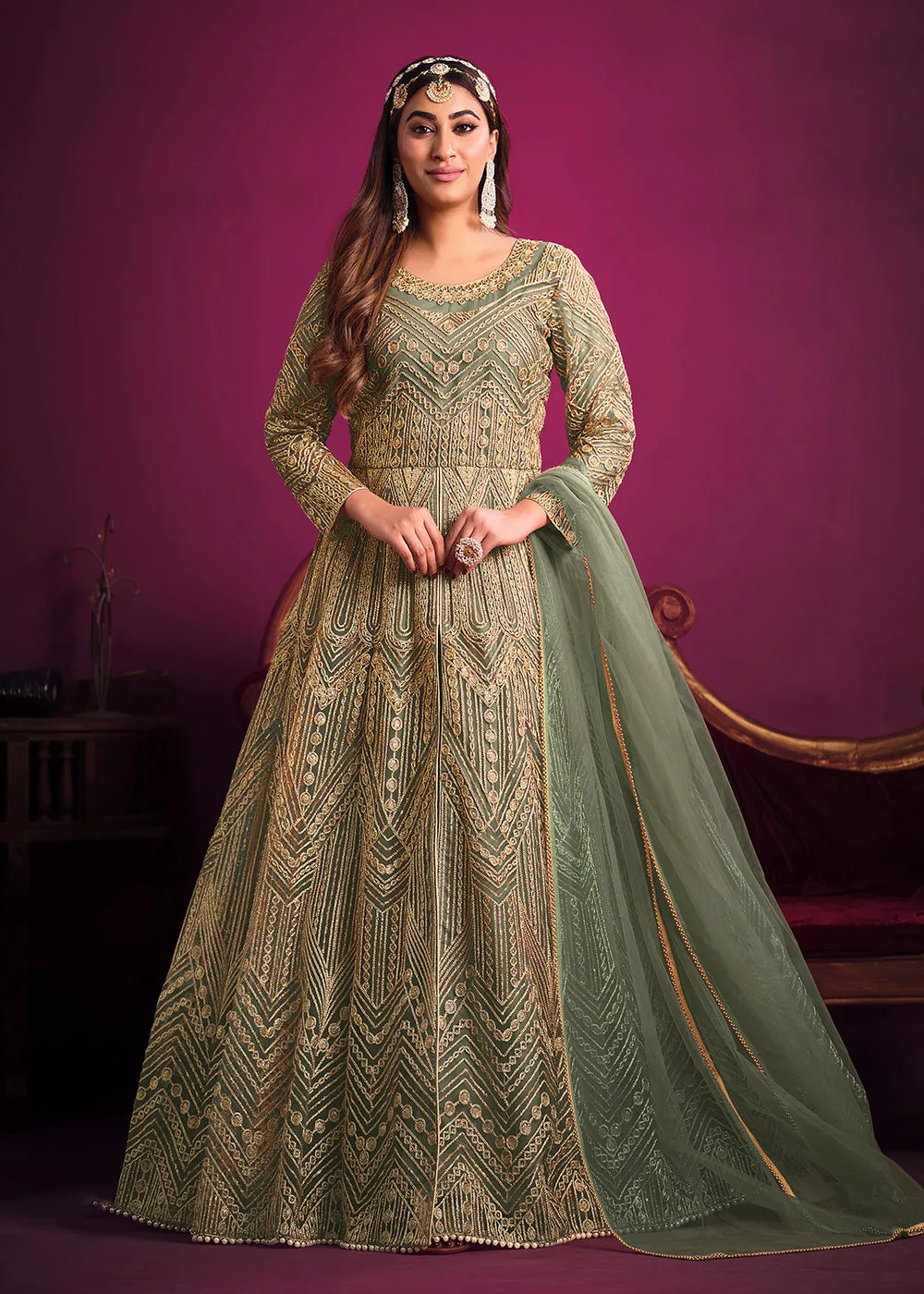 Net Elegant Green Floor Length Sangeet Wear Anarkali Suit