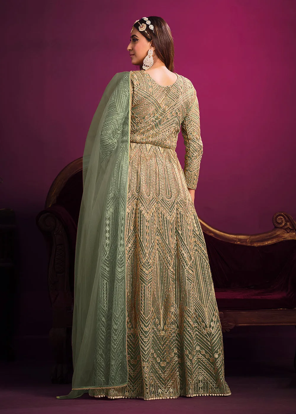 Net Elegant Green Floor Length Sangeet Wear Anarkali Suit